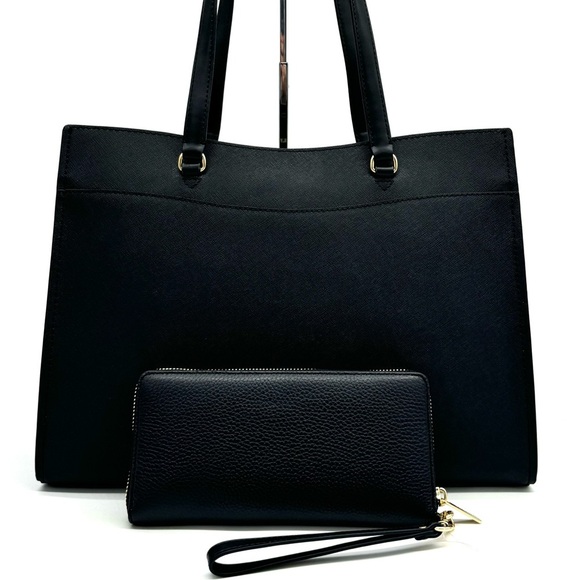 Michael Kors Large MF Pocket Shoulder Tote Bag & Continental Wallet Black/Gold - Picture 5 of 15